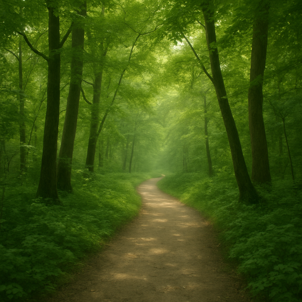 A serene forest path, symbolizing a peaceful journey